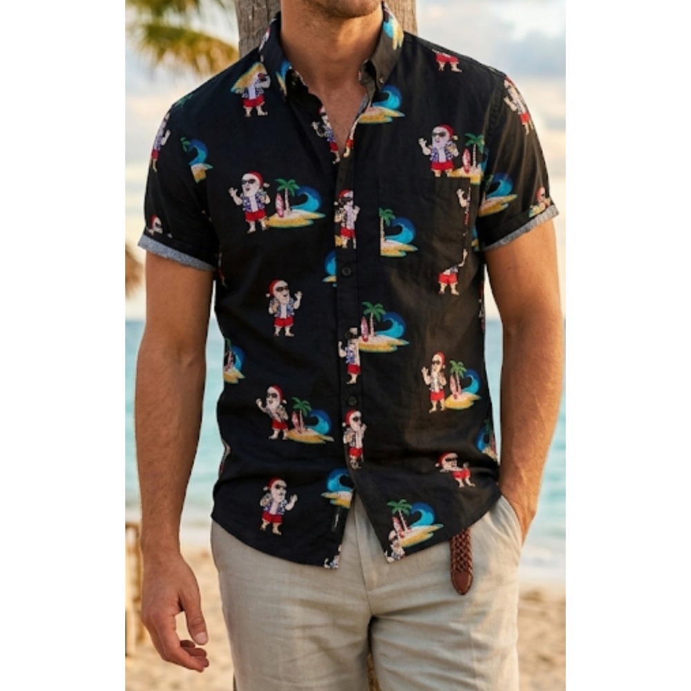 NEW Rugby University Surfing Santa Shirt Men's Small Button up short sleeve NWT